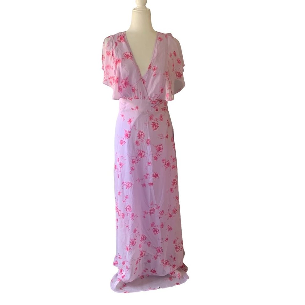 Lulus Dearly Loved Maxi Dress Women's Floral Print Flutter Sleeve Chiffon Size L